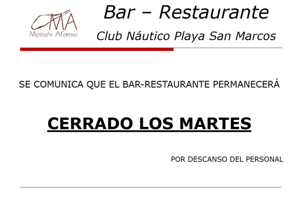 Bar Restaurante martes cerrado